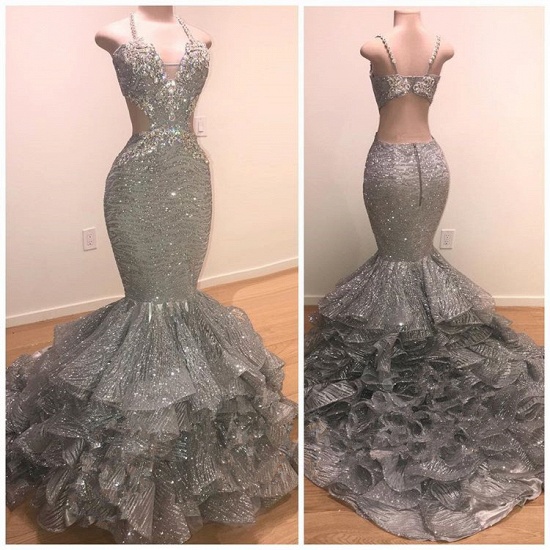Bmbridal Silver Sequins Prom Dress Mermaid Ruffles Sleeveless_1