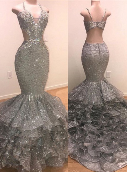 Bmbridal Silver Sequins Prom Dress Mermaid Ruffles Sleeveless