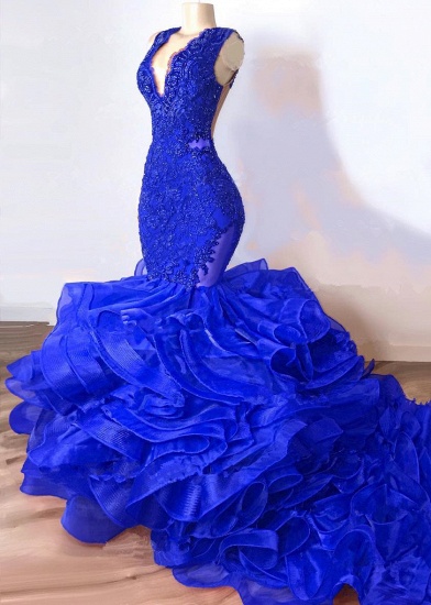 Bmbridal Königsblaues Abendkleid mit V-Ausschnitt, Meerjungfrau mit Rüschenapplikationen