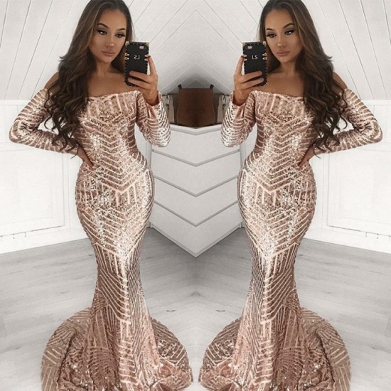 Bmbridal Long Sleeves Off-the-Shoulder Sequins Prom Dress Mermaid Evening Party Gown_1
