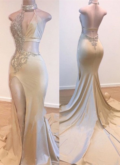 Bmbridal Champagne Prom Dress Mermaid Sleeveless With Slit Appliques