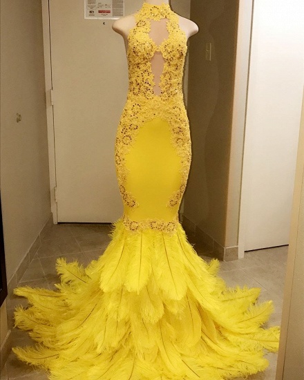 Bmbridal Yellow High Neck Prom Dress Mermaid Sleeveless With Appliques_4