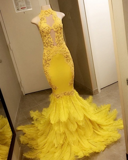 Bmbridal Yellow High Neck Prom Dress Mermaid Sleeveless With Appliques_3