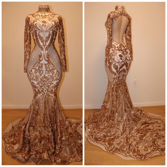 Bmbridal Long Sleeves Gold Sequins Mermaid Prom Dress Open Back_3