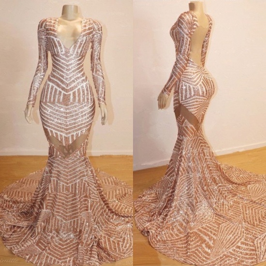 Bmbridal Long Sleeves Sequins Prom Dress Mermaid V-Neck_4