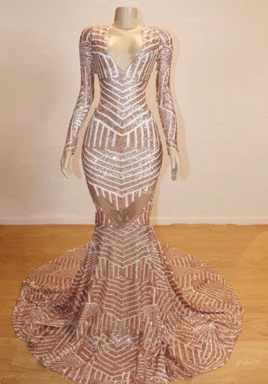 Bmbridal Long Sleeves Sequins Prom Dress Mermaid V-Neck_1